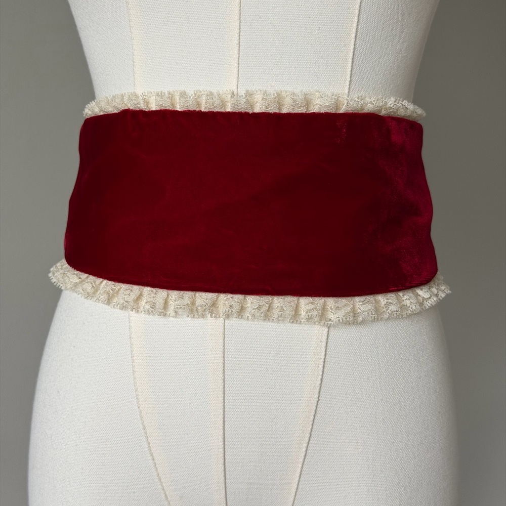 Romantic Vintage Red Velvet Wide Corset Belt with Lace Trim-Length 31”, Wide 5”